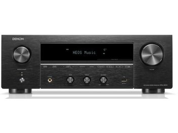 Ampli hi-fi stéréo Denon DRA-900H noir, vue de face, affichage LED "HEOS Music", boutons et molettes de réglage