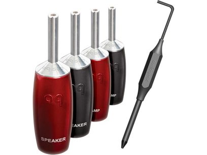 Cinq enceintes portables Gear4 de couleurs noir et rouge, avec un stylet noir, vus de face et de côté