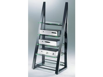 Έπιπλο Hi-Fi Schroers & Schroers Deltastatic από μαύρο μέταλλο, με 4 γυάλινα ράφια για ηχητικά εξαρτήματα