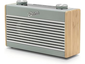 Radio de birou Roberts Rambler Uno, albastru rață, fațadă cu grilă metalică orizontală, laturi din lemn deschis, două butoane mari circulare gri pe partea superioară, vedere din trei sferturi față dreapta