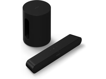 Μπάρα ήχου Sonos Ray και subwoofer Mini Sub σε μαύρο χρώμα, με μινιμαλιστικό σχεδιασμό, τοποθετημένα σε λευκή επιφάνεια