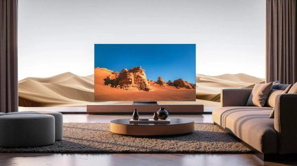 Téléviseur à écran plat noir en métal et verre, bords ultra-fins, vue de face, posé sur un meuble bas en bois dans un salon contemporain