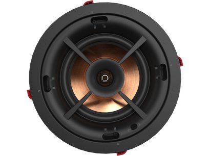 Diffusore da incasso Klipsch PRO-160-RPC, vista frontale, tweeter a cupola in rame, woofer in fibra marrone-arancio, fissaggi rossi