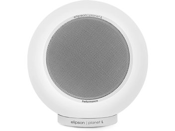 Enceinte bibliothèque Elipson Planet L Performance blanc mat avec grille métallique circulaire et base cylindrique blanche