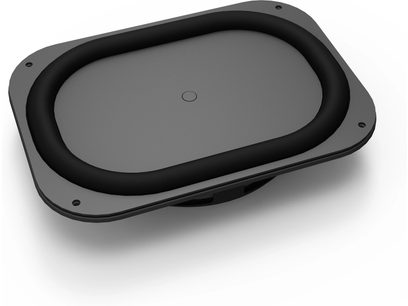 Altavoz ovalado negro con rejilla negra, vista superior, mostrando el altavoz circular central empotrado