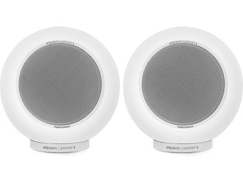 Enceintes bibliothèque Elipson Planet L Performance 2.0 blanc mat, forme sphérique, grille métallique circulaire, socle cylindrique