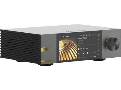 Netværkslydafspiller EverSolo DMP-A6 Master Edition Gen 2 sort med skærm, der viser musikoplysninger, og drejeknap til højre