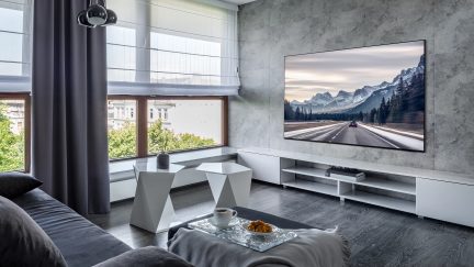 Salon moderne avec canapé gris, table basse géométrique, grand téléviseur mural et vue panoramique sur des montagnes enneigées