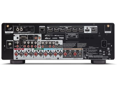 Ampli home-cinéma Cinema 60 DAB noir, vue arrière, connecteurs HDMI, audio, antennes, ports réseau, pieds circulaires