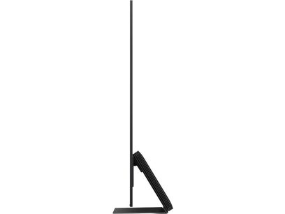 Téléviseur Samsung TQ65S95D 2024, vue de profil, écran plat, cadre fin noir, pied central rectangulaire noir