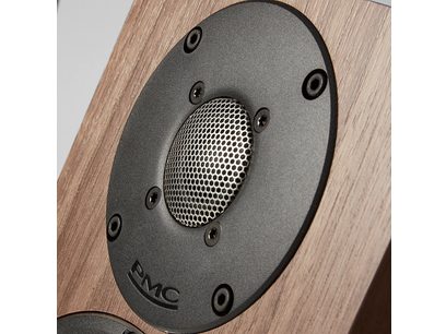 Round black speaker with circular metal grille in the center, mounted on a light-colored wooden panel with visible screws