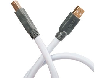 5-meter Supra USB 2.0 A to B cable, metallic gray connectors, white sheath, close-up view of the ends