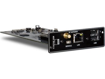 Scheda di espansione hi-fi NAD MDC DD-BLUOS2i, circuito stampato verde, connettori USB, Ethernet, LED, chip NAD