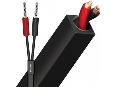 Câbles d'enceinte noirs Audioquest Q2 avec fiches banane rouges SureGrip 100, vue rapprochée de l'extrémité et du connecteur