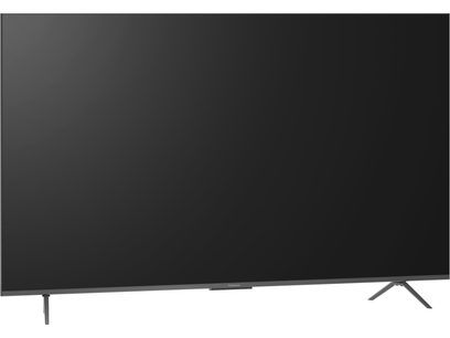 Telewizor wysokiej rozdzielczości Panasonic TV-85W95BEG, płaski ekran w kolorze czarnym z cienką ramką w ciemnoszarym metalu oraz dwoma dopasowanymi trójkątnymi nóżkami, widok z przodu lekko ukośny