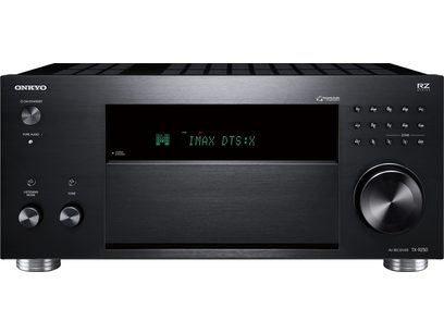 Onkyo TX-RZ50 black home theater receiver, sleek front panel with green display, knobs and a few buttons