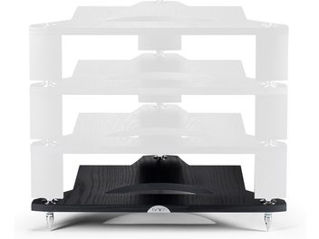 Έπιπλο Hi-Fi Naim Audio FraimLite με μαύρη βάση, μπροστινή όψη, 3 λευκά ράφια, μαύρο πικάπ βινυλίου στο επάνω ράφι