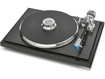 Platine vinyles hi-fi EAT C-MAJOR, vue de dessus, plateau circulaire noir, bras de lecture argenté, socle rectangulaire