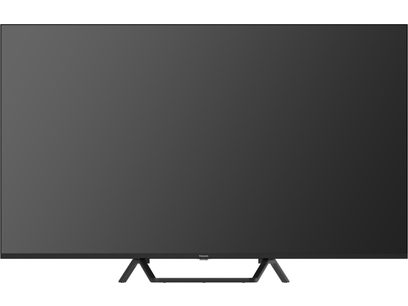 Τηλεόραση Panasonic TV-55W95BEG μαύρη με επίπεδη οθόνη, λεπτό πλαστικό και μεταλλικό περίγραμμα, διπλή βάση σε σχήμα V συνδεδεμένη με ράβδο, μπροστινή όψη