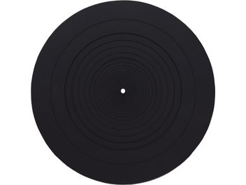 Black circular platter cover viewed from above, textured surface with concentric circles and a central hole