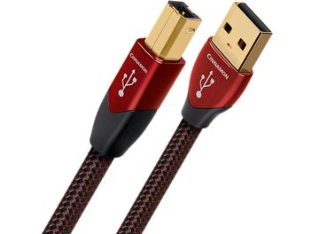 Audioquest Cinnamon USB A to B Cable 0.75m, gold connectors, red and black braided jacket, top and side view