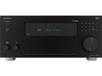 Onkyo TX-RZ70 black home theater amplifier, front view, green display showing "IMAX DTS:X", buttons and knob on the right
