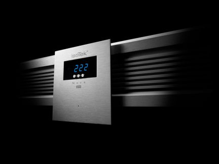 Panneau frontal rectangulaire en métal brossé avec écran numérique bleu affichant "222", 2 boutons circulaires et grilles latérales