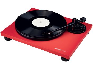 Giradischi hi-fi Reloop TURN2 rosso visto dall'alto, piatto nero, braccio di lettura, su base rossa