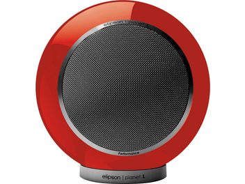 Enceinte bibliothèque Elipson Planet L Performance rouge laqué avec grille métallique circulaire et base cylindrique argentée