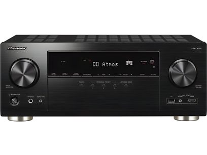 Pioneer VSX-LX305 black home theater receiver, front view, blue LED display, silver buttons and knobs, 2 headphone jacks