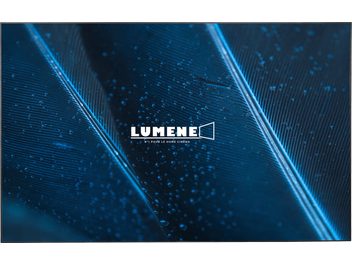 ALR Screen Lumene Movie Palace Fresnel Ultra Slim 240 front view with logo on a blue feather background and water droplets