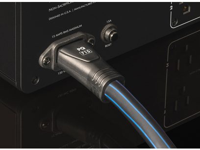 Audioquest PowerQuest 707 black power conditioner, close-up view of the female power socket and 120V voltage selector