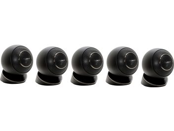 Pack 5 enceintes sphériques noires Cabasse Eole 4, vues de face, grilles rondes en métal, bases circulaires brillantes