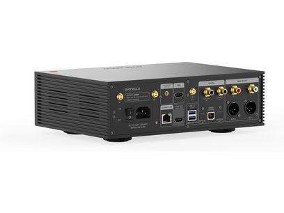 Δικτυακός αναπαραγωγέας ήχου EverSolo DMP-A6 Gen 2, πίσω όψη σε προοπτική, μαύρο ορθογώνιο περίβλημα, ποικίλες υποδοχές, κυκλικά ποδαράκια.