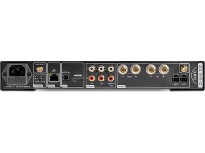 Ampli hi-fi stéréo Naim Audio CI-Uniti 102, face arrière, connectique audio/vidéo analogique et numérique, prises secteur et réseau