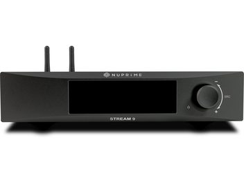 Lecteur audio réseau Nuprime Stream 9 noir, vue de face, bouton rotatif à droite, 2 antennes Wi-Fi verticales sur le dessus