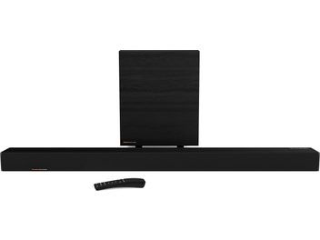 Μαύρη ηχοβαρα Klipsch Cinema 700, μπροστινή όψη, με ξεχωριστό υπογουφερ, σε λευκό φόντο