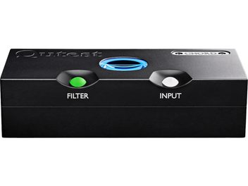 Qutest Black DAC Audio Converter, front view, green "FILTER" button, white "INPUT" button, blue glowing circle