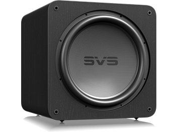 Caisson de grave SB17-Ultra R|Evolution, vue de face, boîtier noir, coin arrondi, haut-parleur central circulaire, logo SVS
