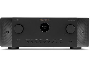 Marantz Cinema 60 sort home-cinema-forstærker, afdæmpet frontpanel, runde drejeknapper, USB-port, set forfra
