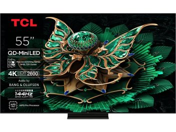 TCL 55C7K højopløsnings-tv i sort, med smal plastikramme og centralt metalstativ, flad 55-tommers skærm, der viser et smaragdgrønt sommerfuglemønster, set forfra