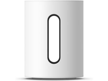 Λευκό ματ subwoofer Sonos Sub Mini, κατακόρυφο κυλινδρικό σχήμα, κεντρικό μαύρο οβάλ άνοιγμα