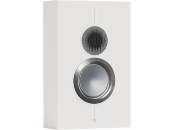 Enceinte bibliothèque Monitor Audio Gold On-Wall 6G blanc satin, vue de face, haut-parleur circulaire argenté, grille noire
