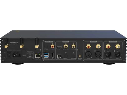 Lecteur audio réseau EverSolo DMP-A8 noir, face avant avec connectiques audio et USB, 4 boutons et 4 molettes dorés