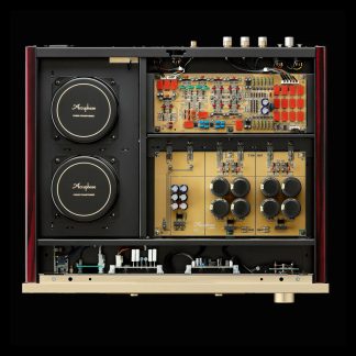 Vue interne amplificateur Accuphase, composants électroniques, transformateurs circulaires, circuits imprimés, connecteurs