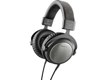 Casque hifi clos Beyerdynamic T5, vue de trois quarts, coussinets noirs, arceau rembourré, câbles tressés, coque grise