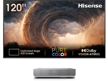 Vidéoprojecteur Hisense 120L5HA avec écran ALR 120 pouces, image de tornade lumineuse, boîtier rectangulaire finition grise