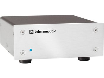 Lehmann Audio Black Cube SE II silverfärgad fonogravyrförstärkare, rektangulärt metallhölje i grått med blå LED-lampa och svarta fötter, framifrån