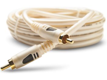 Kabel til subwoofer Sub Dôme 5m, forgyldte RCA-stik, beige kappe, riflede ender, glat overflade, visning oprullet