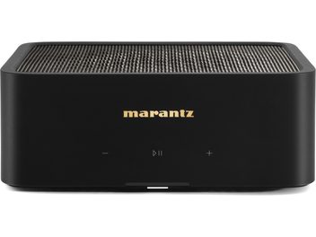 Ampli hi-fi stéréo Model M1, vue de face, boîtier noir, logo doré, grille supérieure, boutons tactiles -/lecture/pause/+